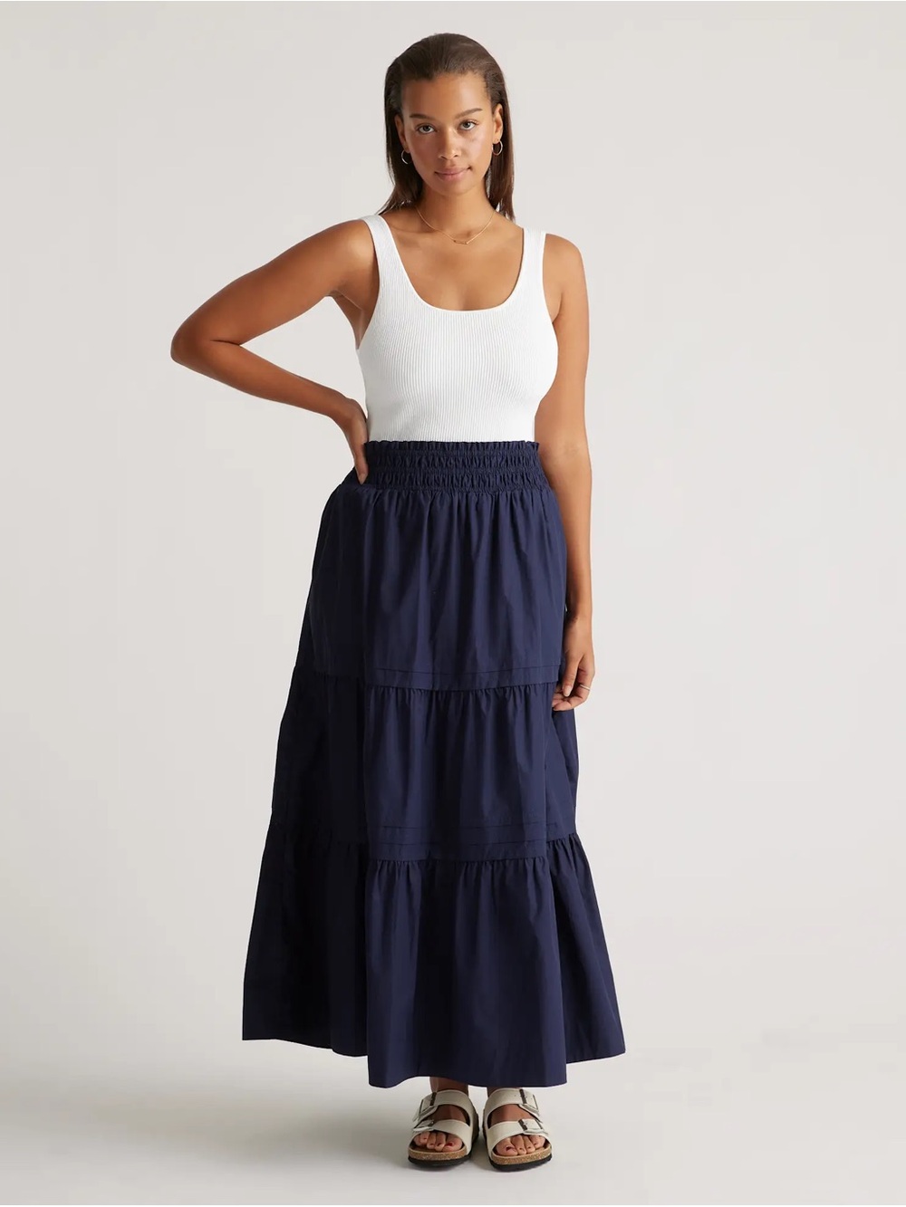Quince 100% Organic Cotton Poplin Tiered Maxi Skirt - Navy, size XL